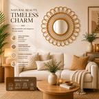 Rattan Flower Wall Mirror  Boho Decorative Hanging Mirror