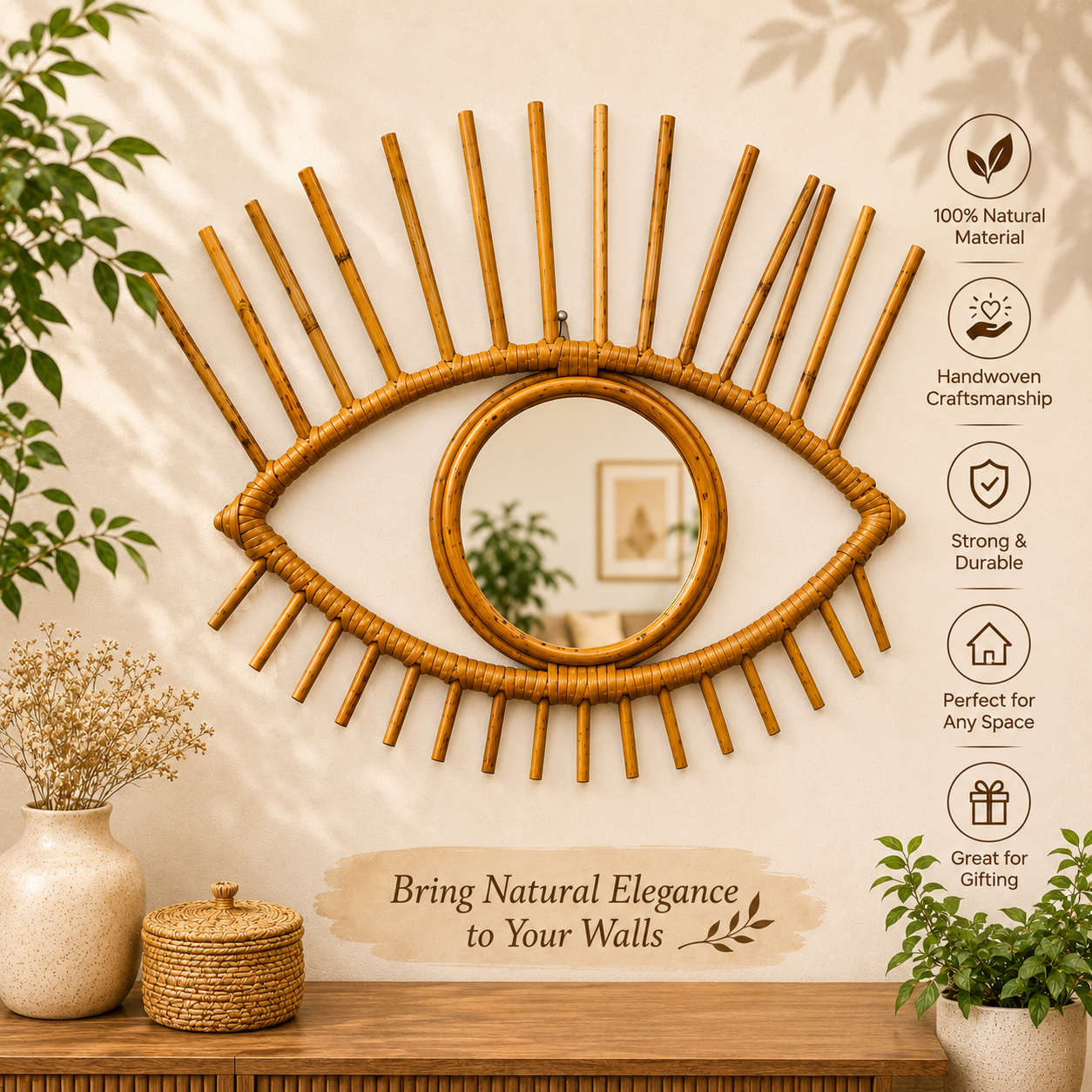 Handcrafted Eye Shape Rattan Wall Mirror  Boho Wall Mirror