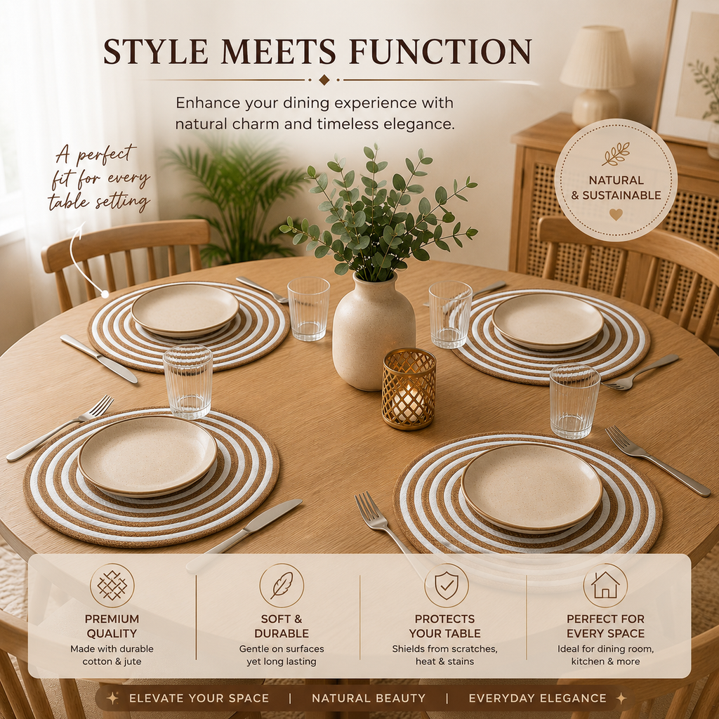 Handmade Jute Placemats Set of 6  Round Striped Table Mats