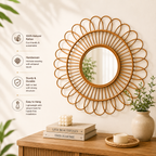 Rattan Flower Wall Mirror  Boho Decorative Hanging Mirror