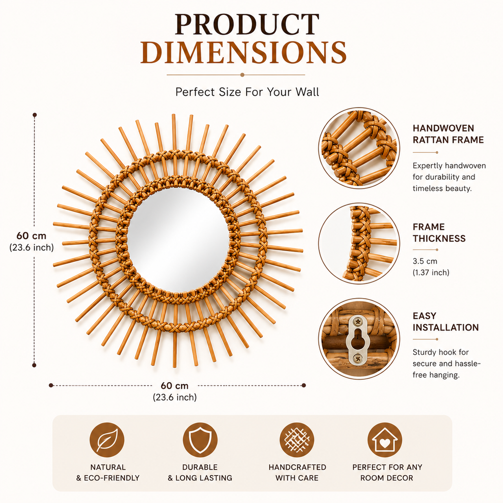 Handcrafted Rattan Sunburst Wall Mirror