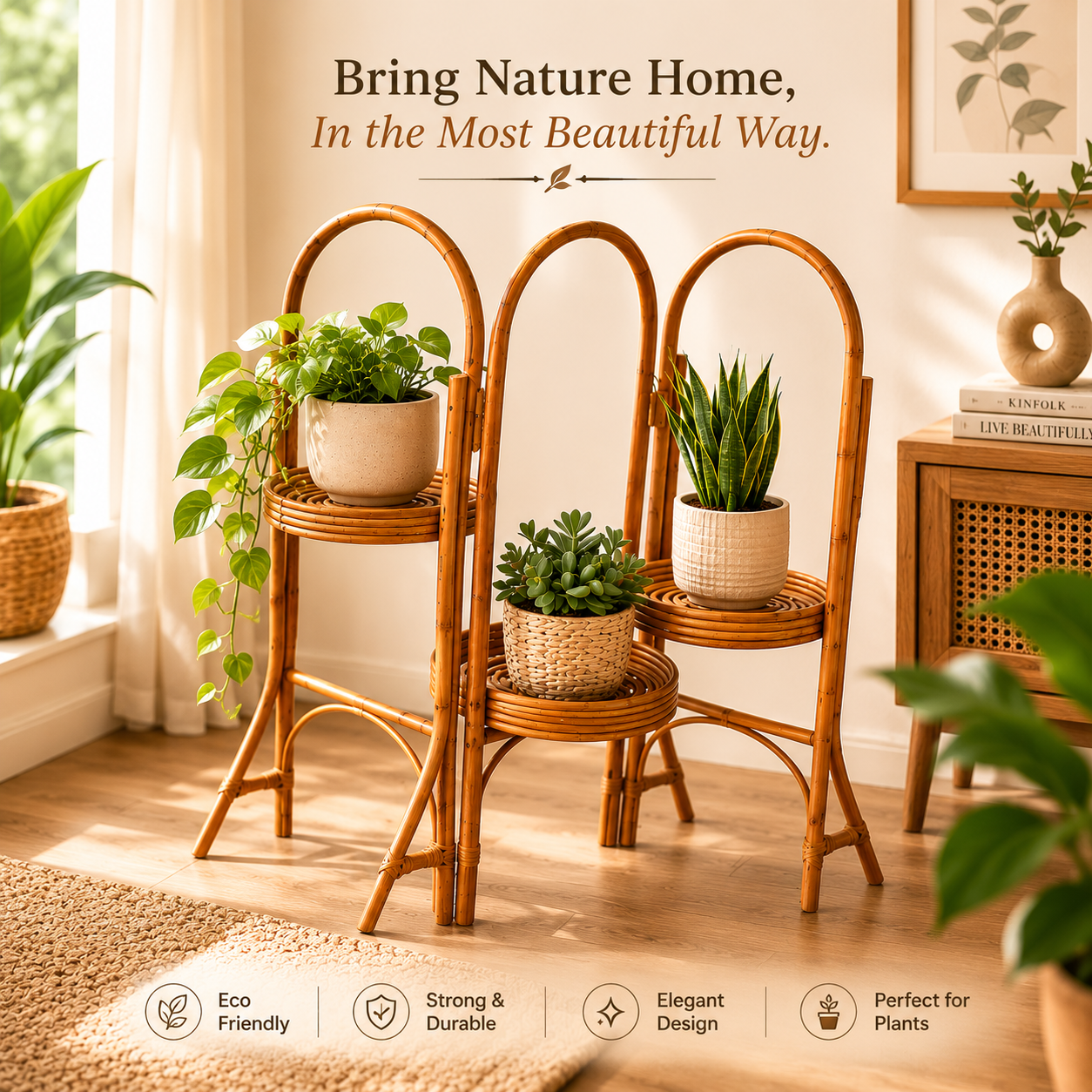 Eco Decx Rattan Plant Stand  3 Tier Bamboo Plant Stand Indoor Outdoor