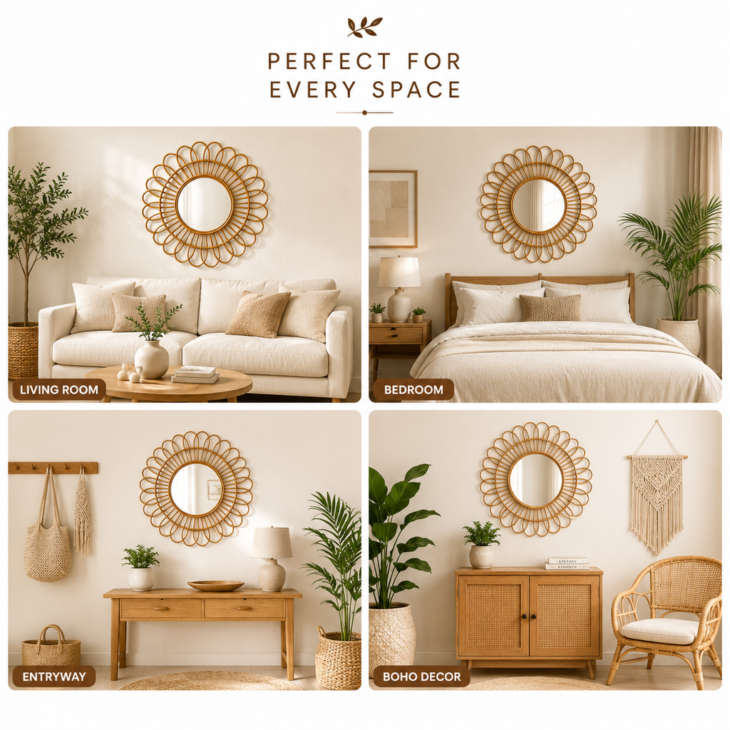 Rattan Flower Wall Mirror  Boho Decorative Hanging Mirror