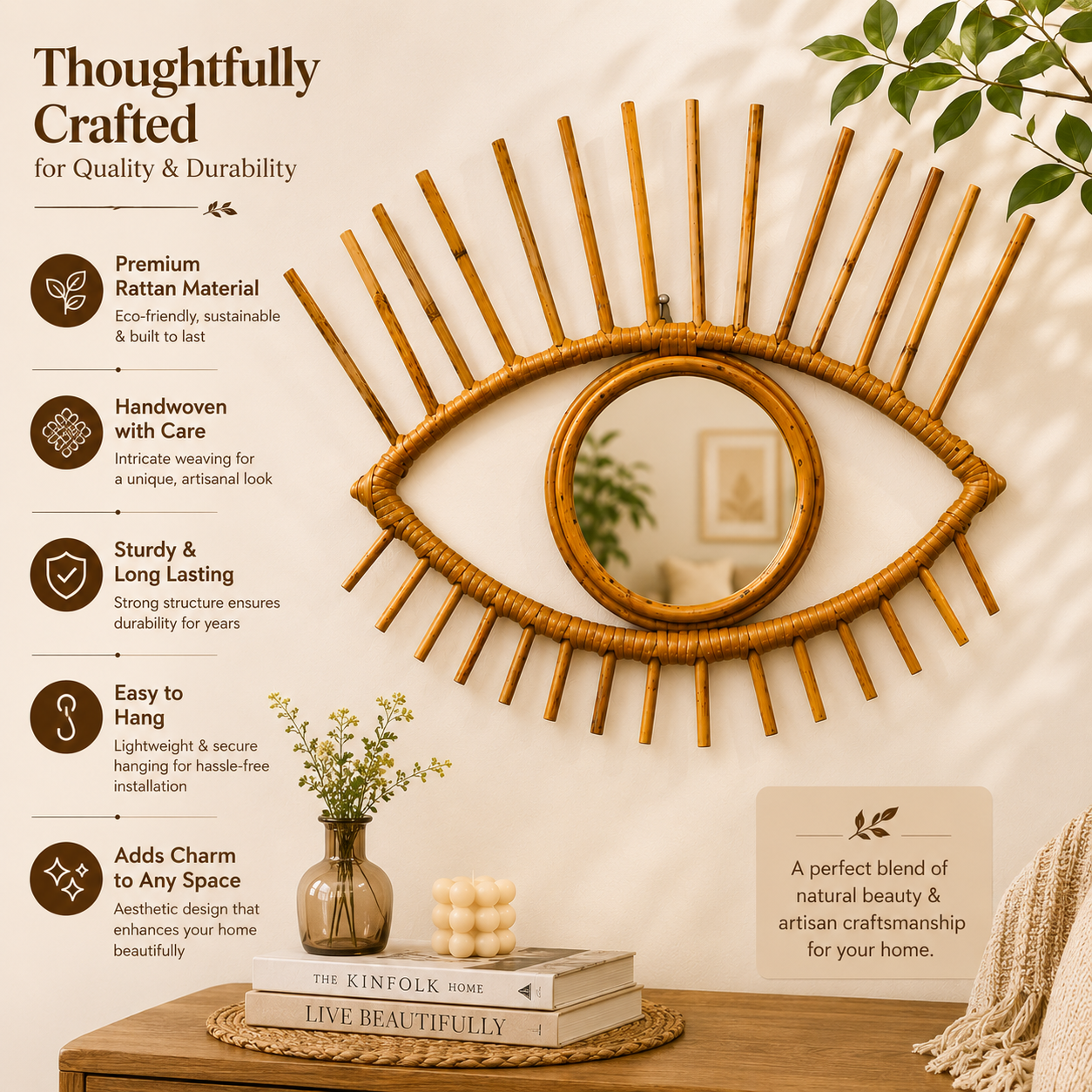 Handcrafted Eye Shape Rattan Wall Mirror  Boho Wall Mirror