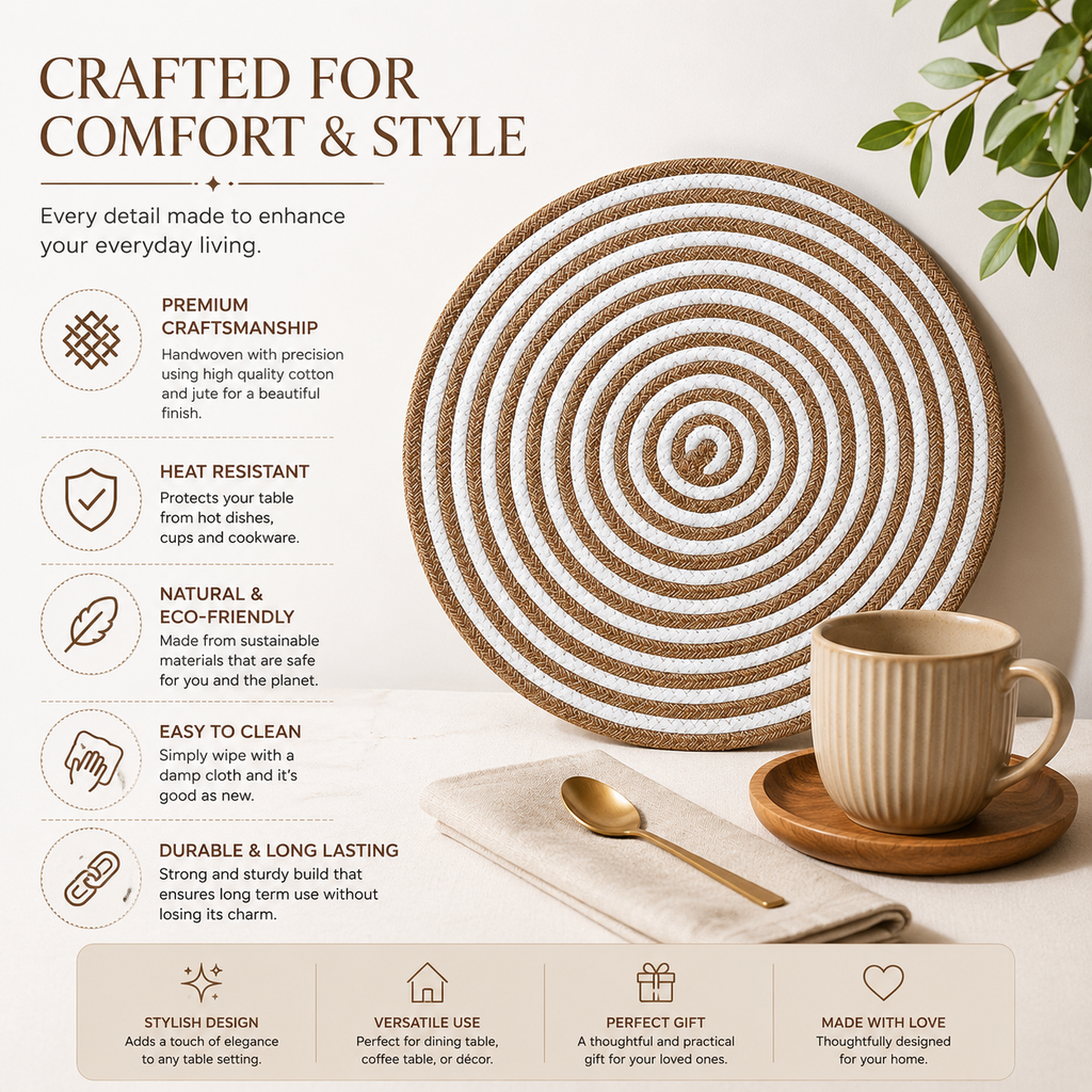 Handmade Jute Placemats Set of 6  Round Striped Table Mats