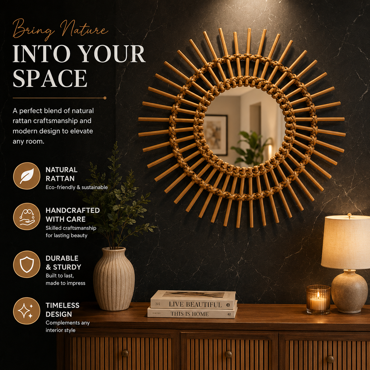 Handcrafted Rattan Sunburst Wall Mirror