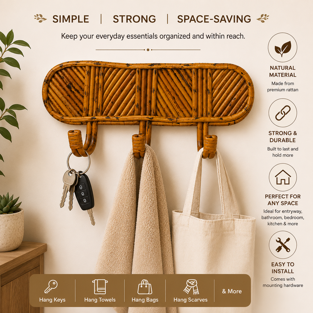 Handcrafted Rattan Wall Hooks | Wooden Key Holder & Coat Hanger Rack for Wall