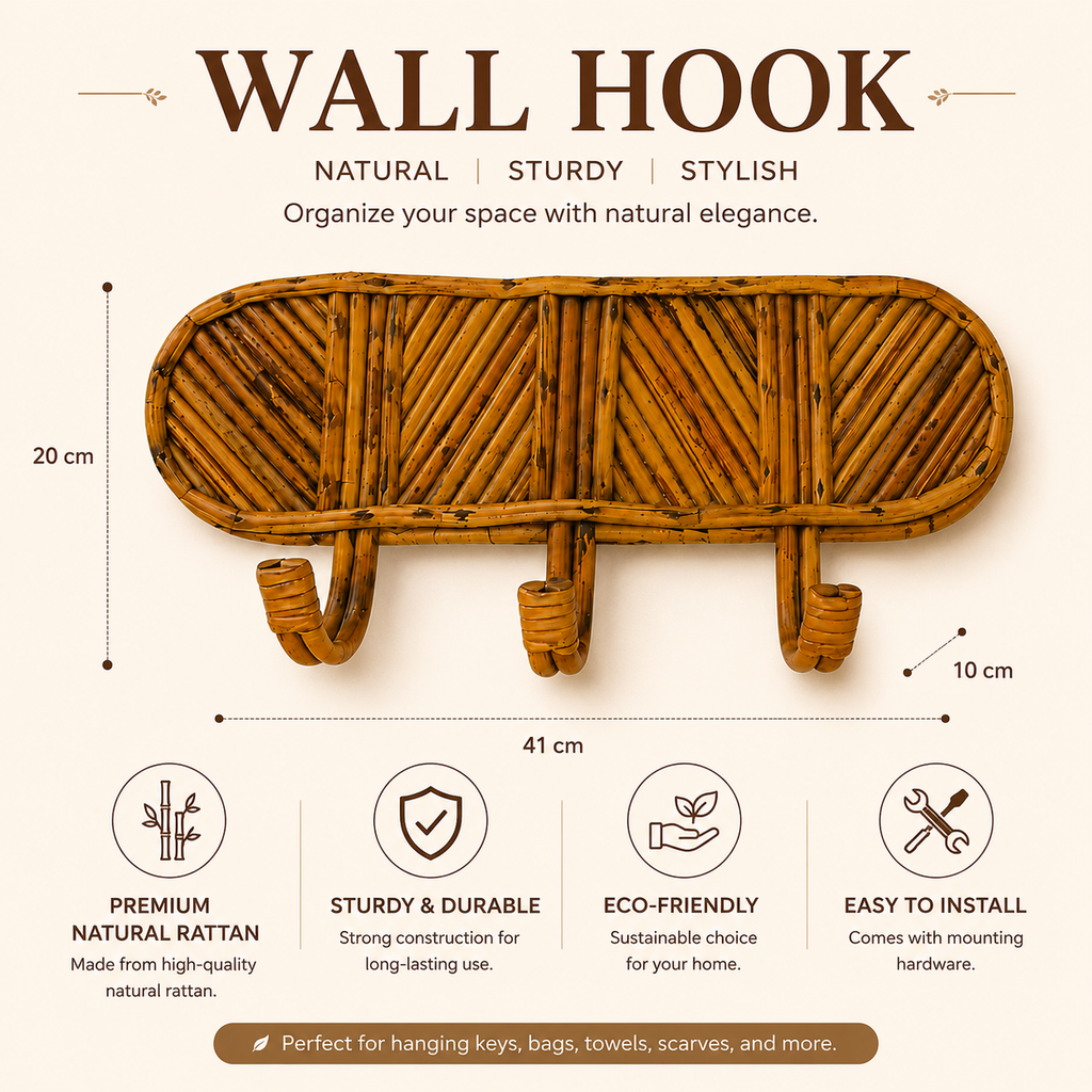 Handcrafted Rattan Wall Hooks | Wooden Key Holder & Coat Hanger Rack for Wall