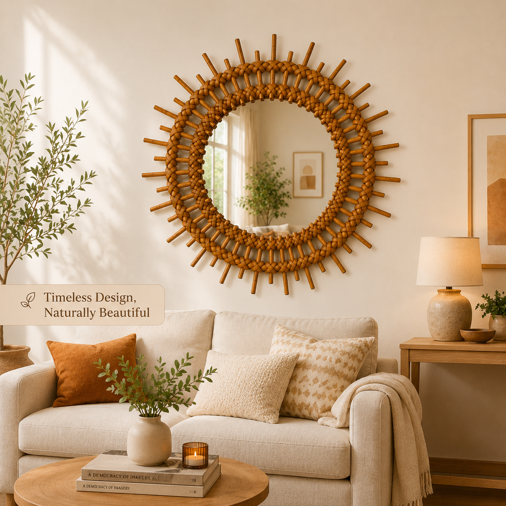 Rattan Sunburst Wall Mirror  Round Bamboo Mirror