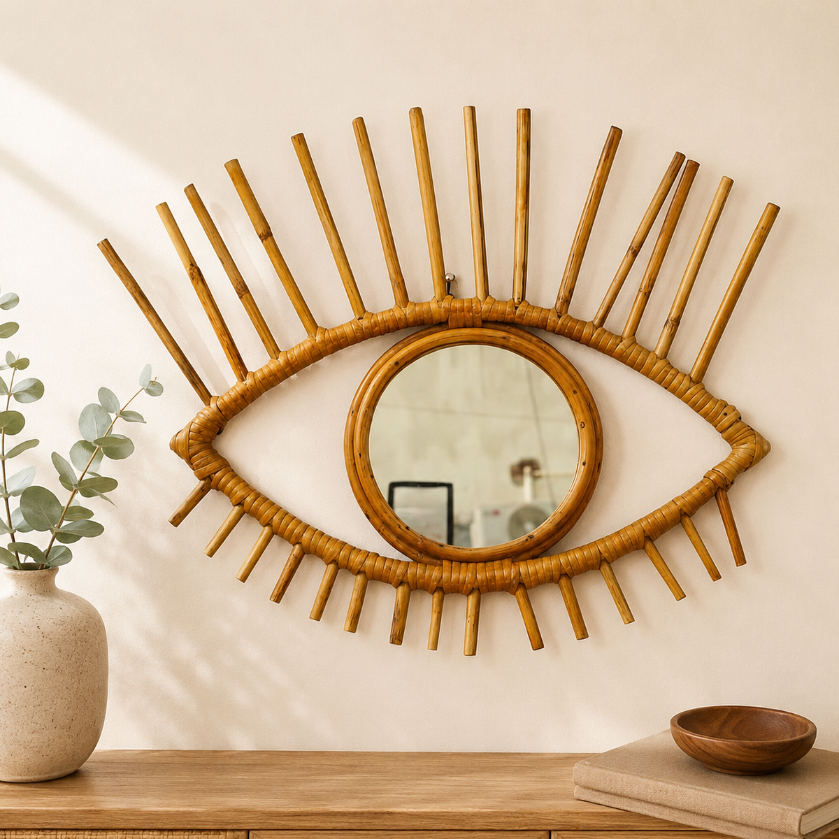 Handcrafted Eye Shape Rattan Wall Mirror  Boho Wall Mirror