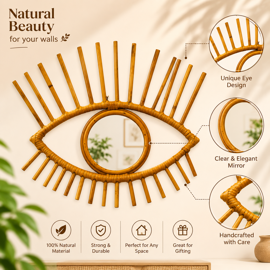Handcrafted Eye Shape Rattan Wall Mirror  Boho Wall Mirror