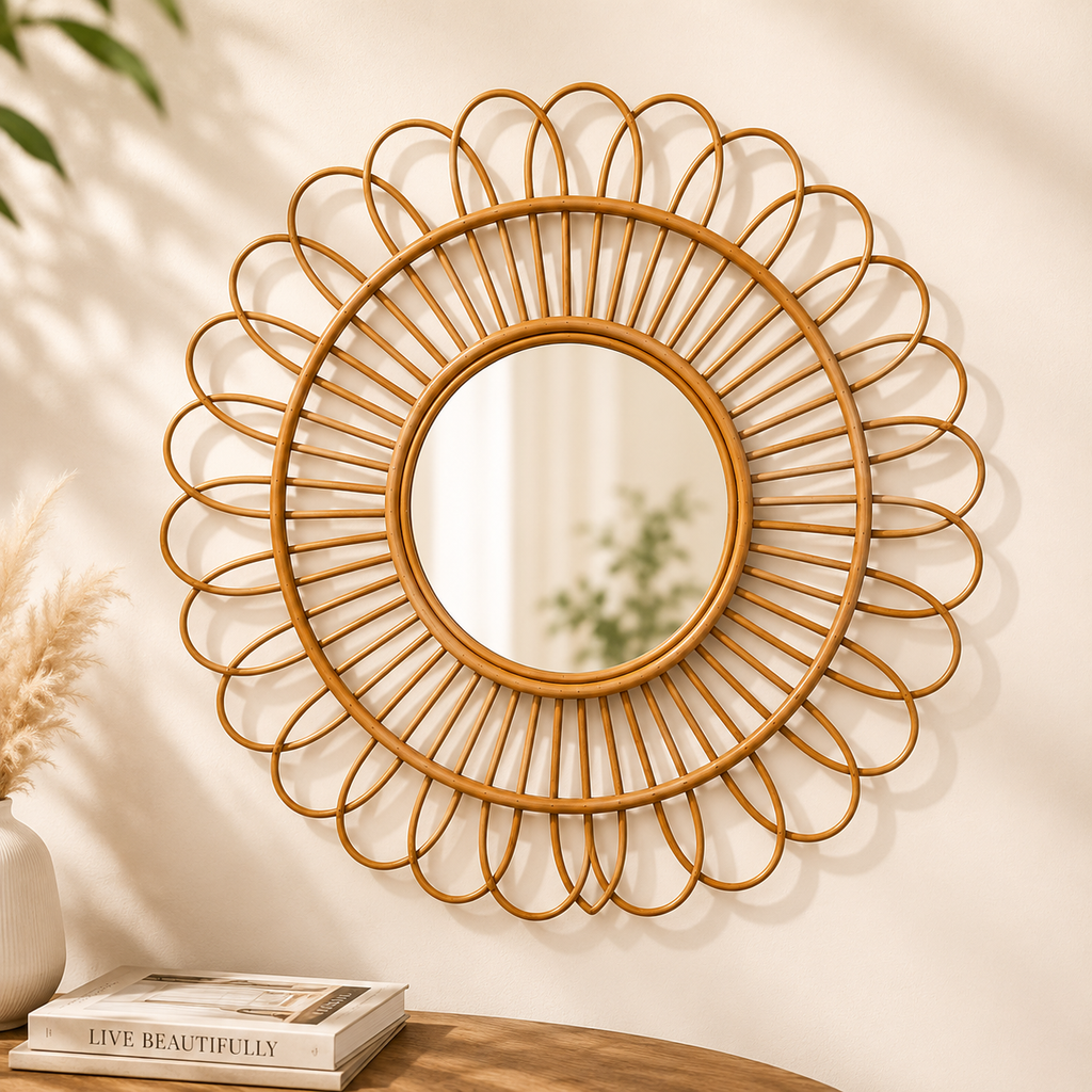 Rattan Flower Wall Mirror  Boho Decorative Hanging Mirror