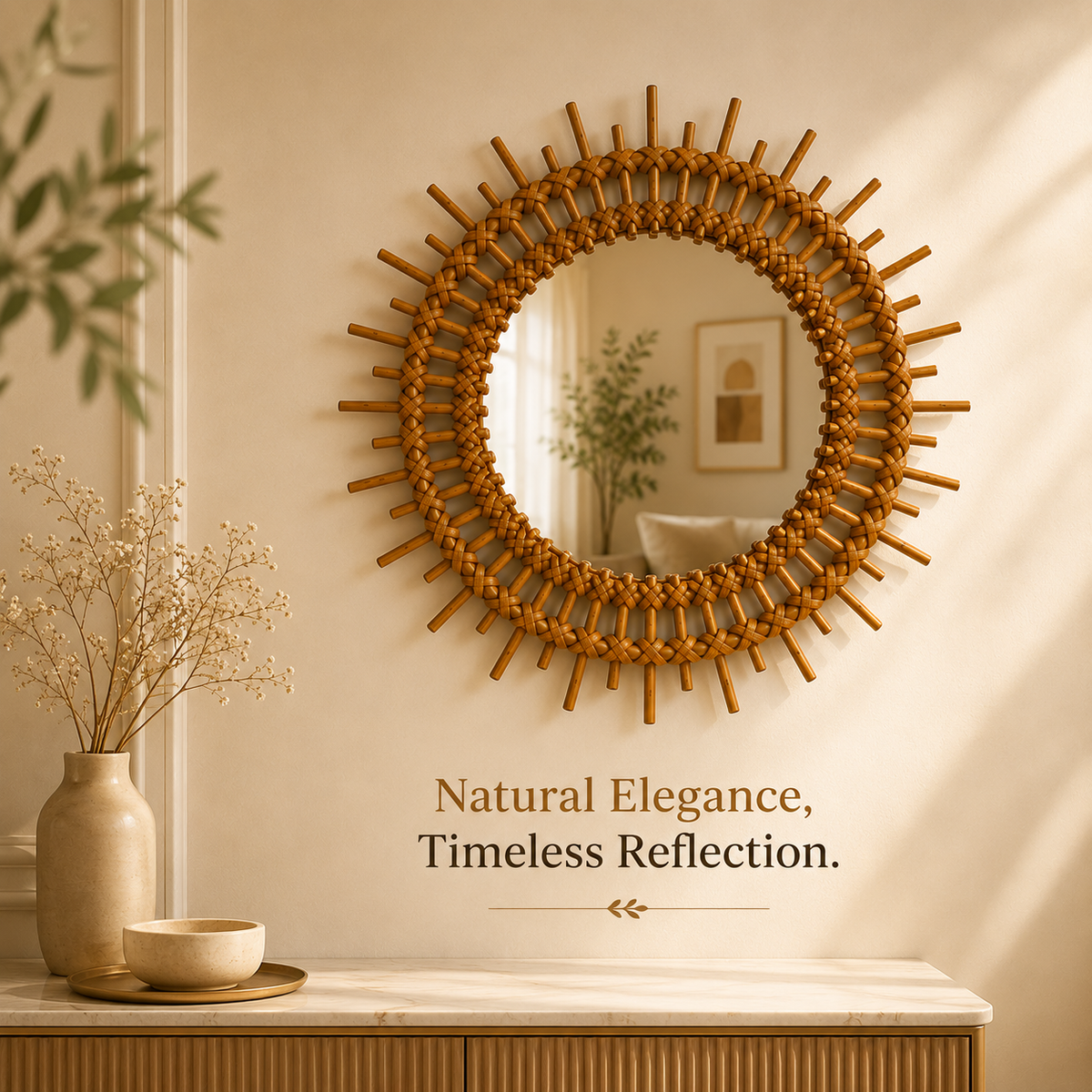 Rattan Sunburst Wall Mirror  Round Bamboo Mirror