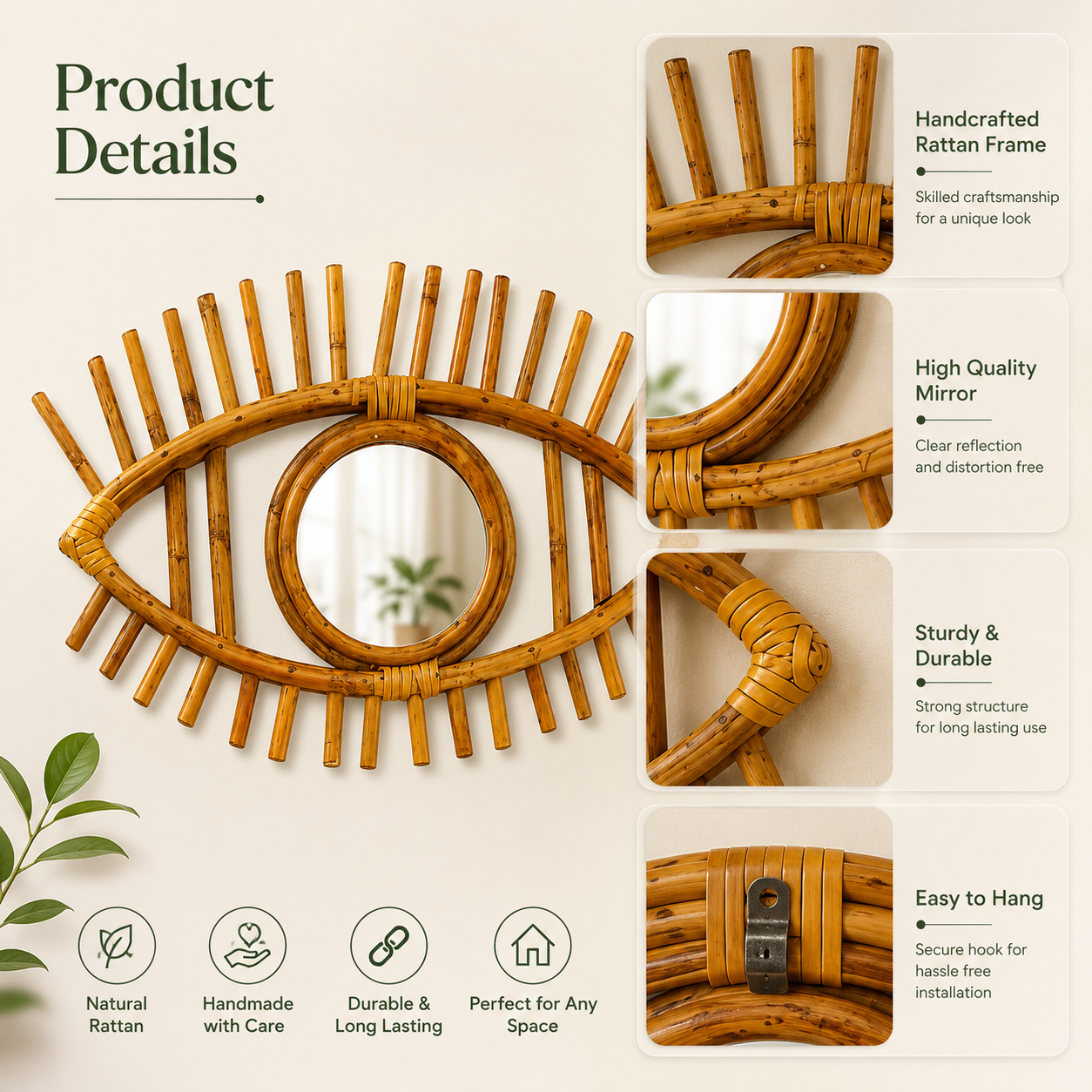 Handcrafted Rattan Eye Shape Wall Mirror