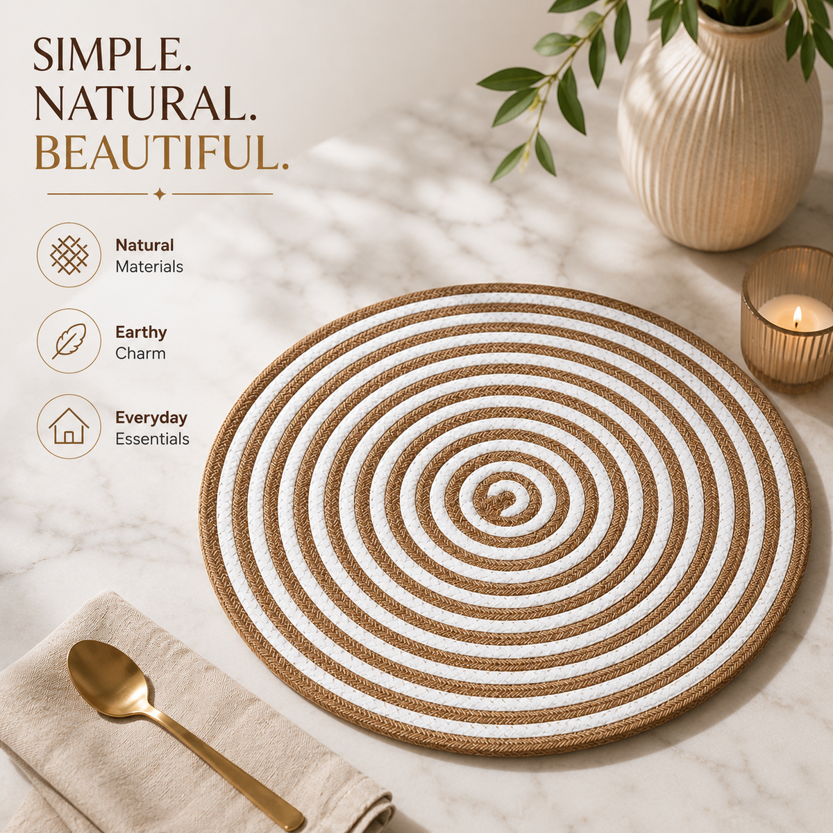 Handmade Jute Placemats Set of 6  Round Striped Table Mats