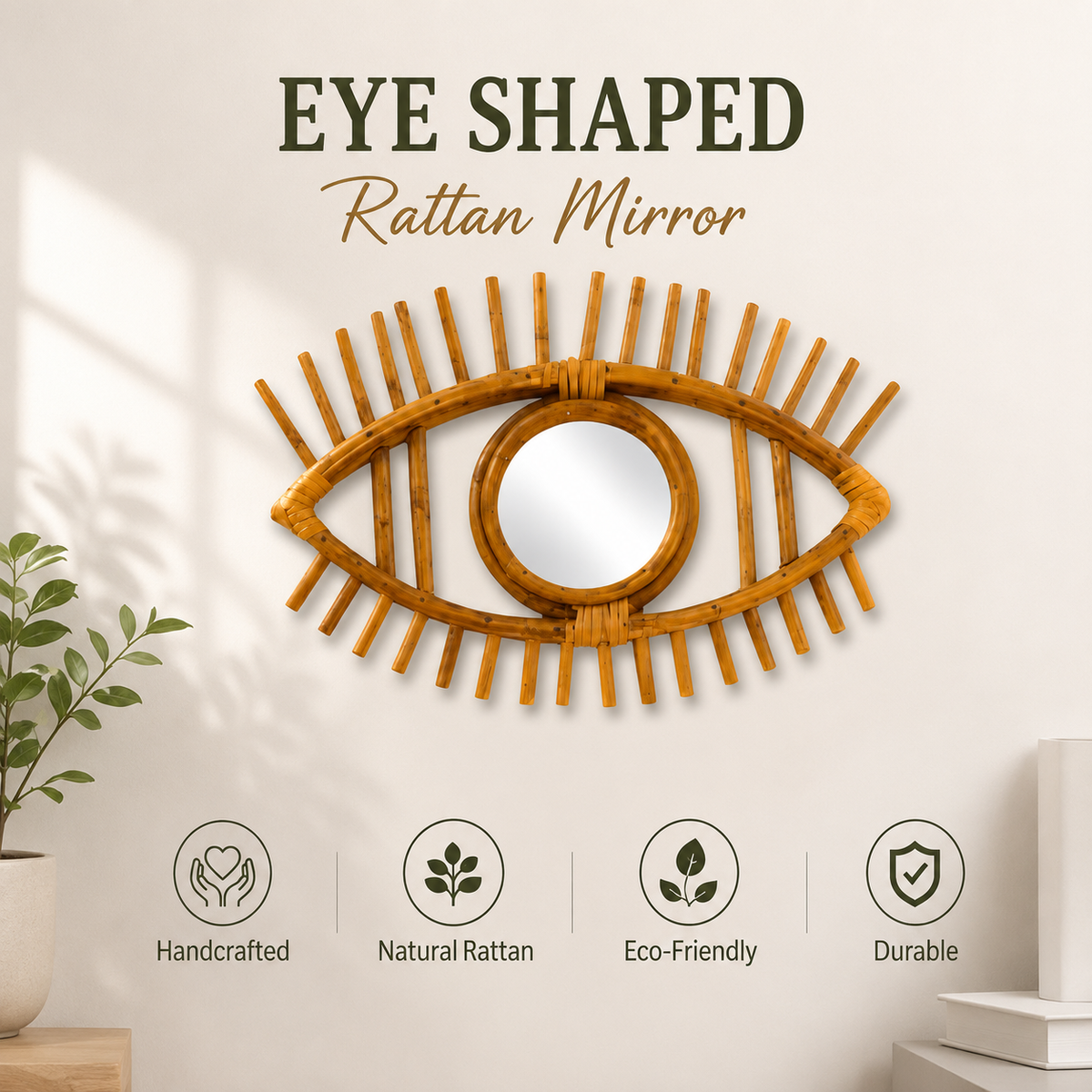 Handcrafted Rattan Eye Shape Wall Mirror