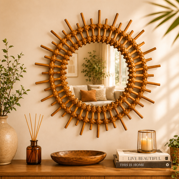 Rattan Sunburst Wall Mirror  Round Bamboo Mirror