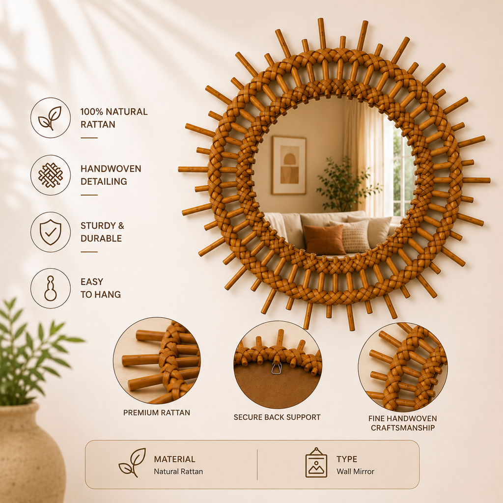 Rattan Sunburst Wall Mirror  Round Bamboo Mirror