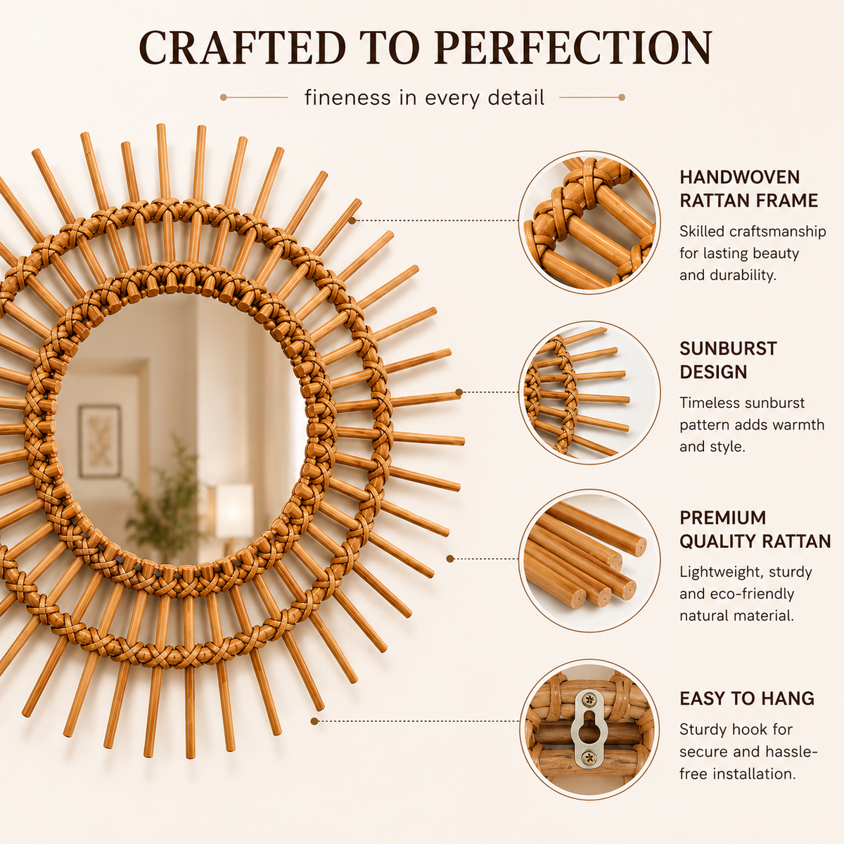 Handcrafted Rattan Sunburst Wall Mirror
