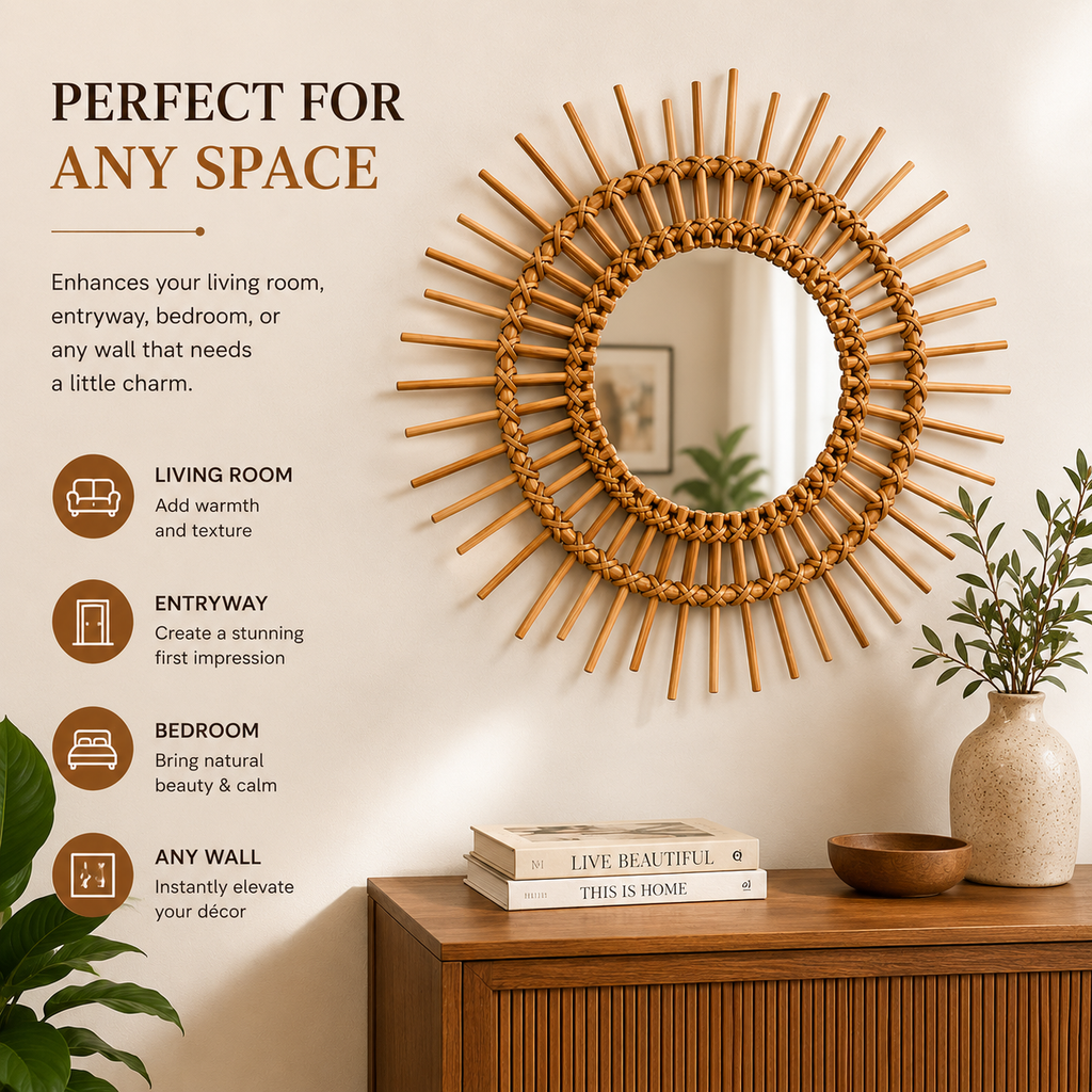 Handcrafted Rattan Sunburst Wall Mirror
