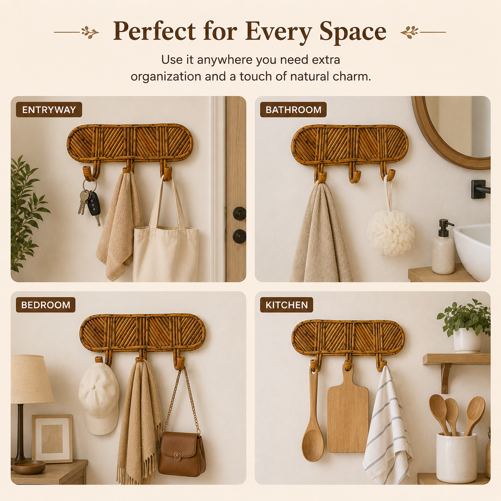 Handcrafted Rattan Wall Hooks | Wooden Key Holder & Coat Hanger Rack for Wall