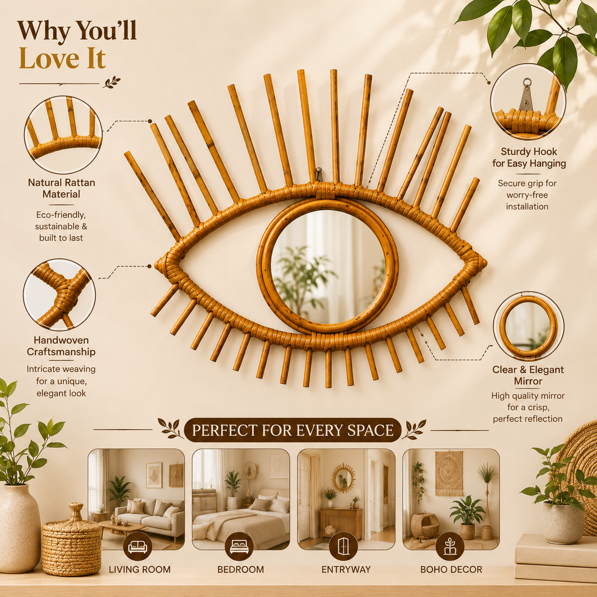 Handcrafted Eye Shape Rattan Wall Mirror  Boho Wall Mirror