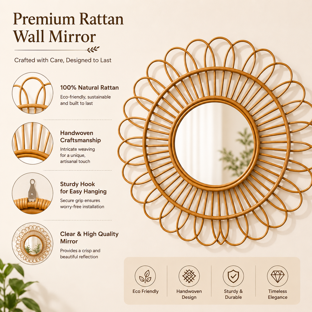 Rattan Flower Wall Mirror  Boho Decorative Hanging Mirror