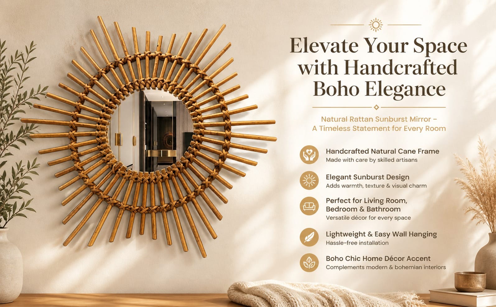 Handcrafted Rattan  SunBurst Mirror